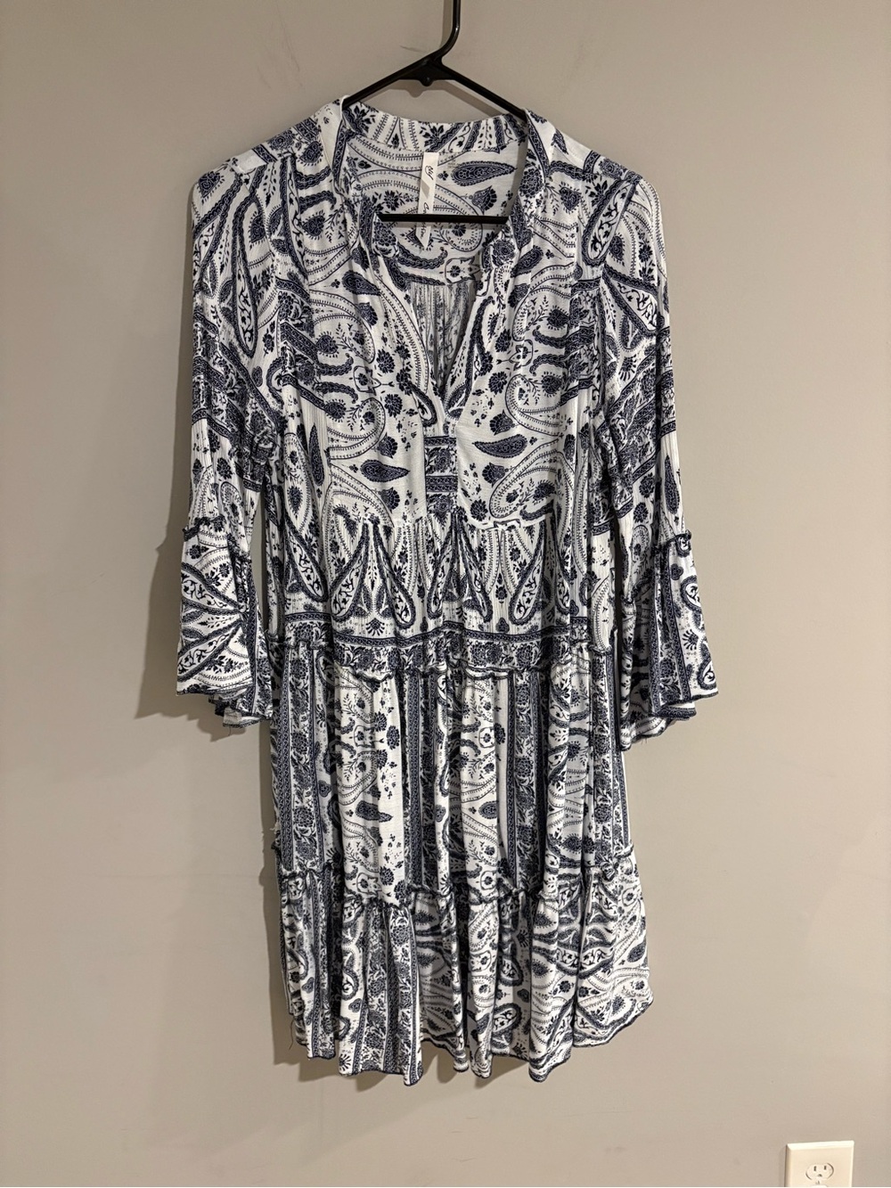 NY Collection Navy Blue White Paisley Boho Tiered Dress Size M